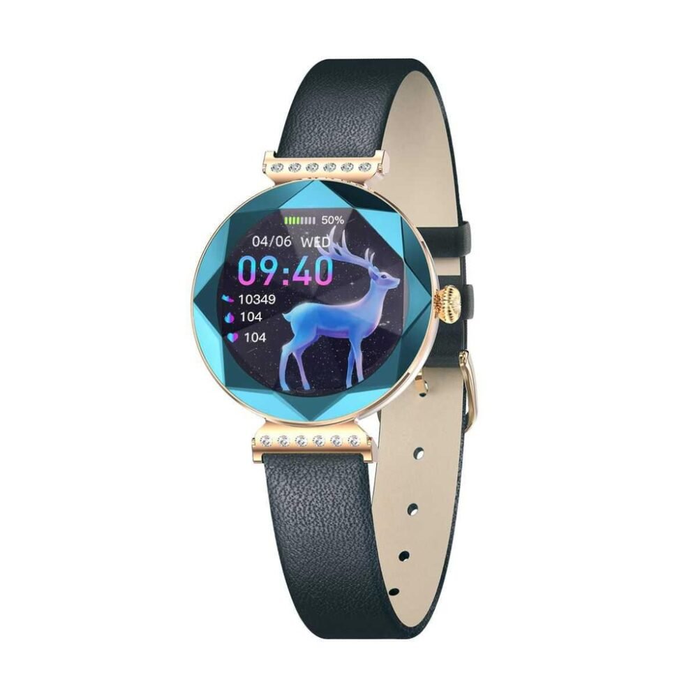 Green Lion Swarovski Smart Watch - Wireless Charger - Fingerprint Protection - Gemstone Shape Mirror Design Green - Image 5