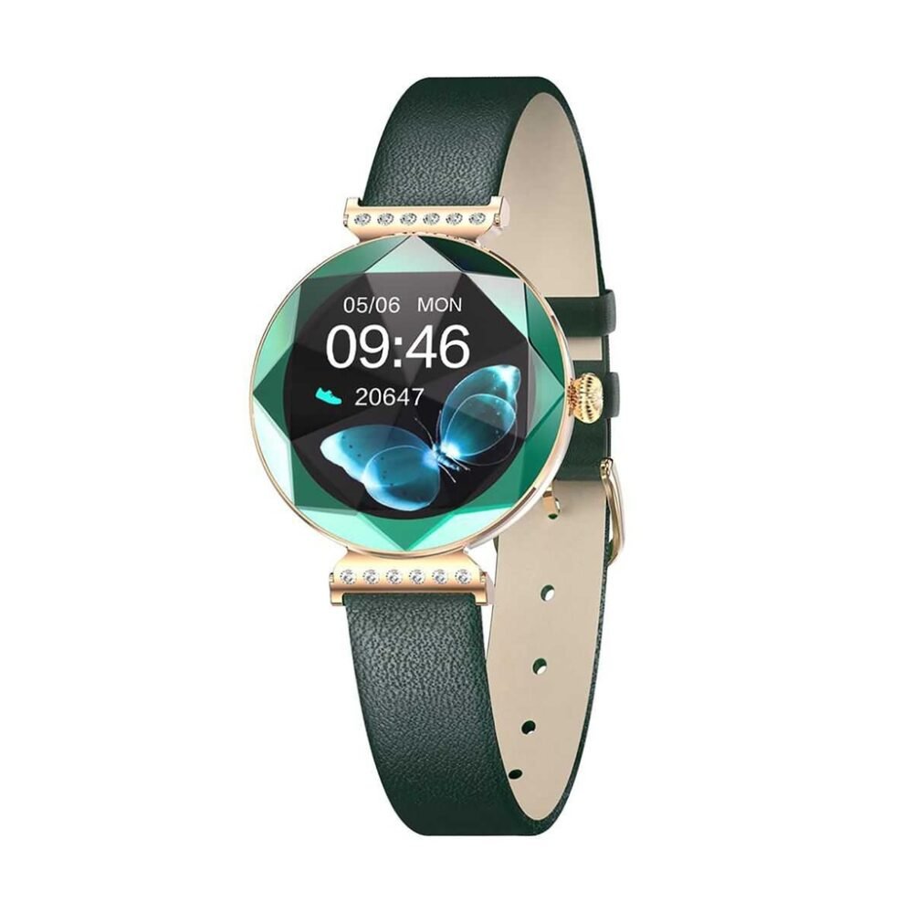 Green Lion Swarovski Smart Watch - Wireless Charger - Fingerprint Protection - Gemstone Shape Mirror Design Green - Image 7