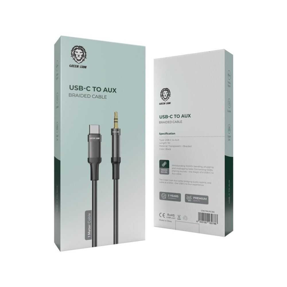 Green Lion USB-C to AUX Braided Cable 1M - Black - Image 2