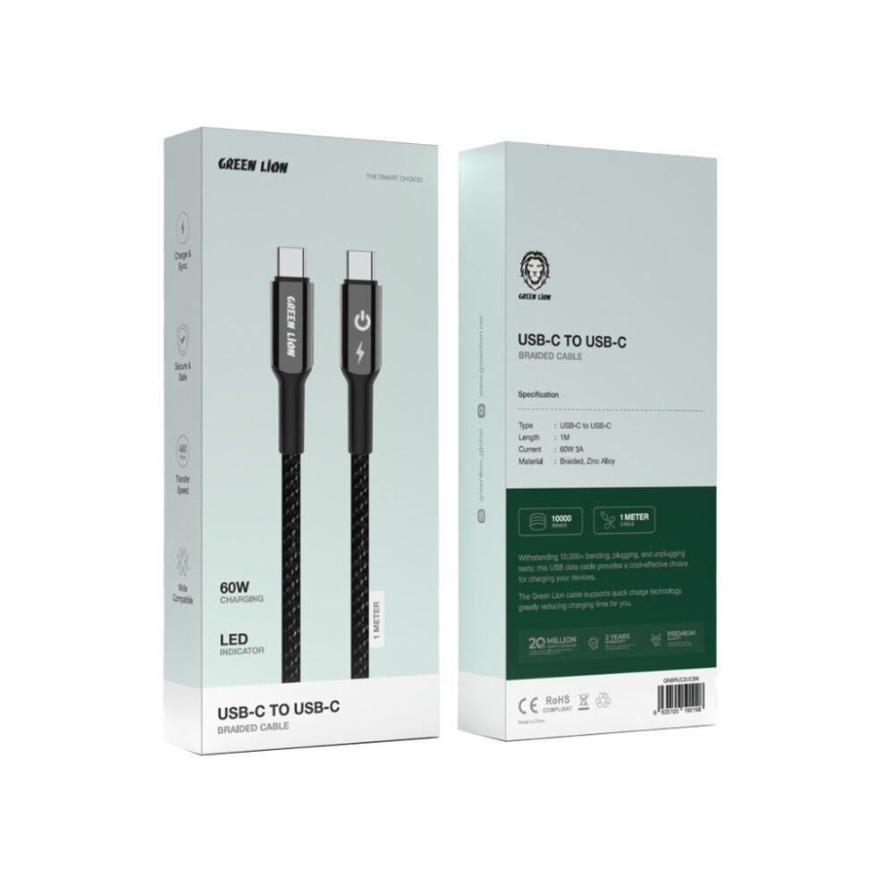 Green Lion USB-C to USB-C Braided Cable - Black - Image 2