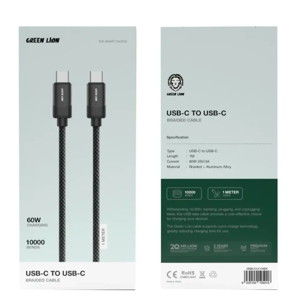 Green Lion USB-C to USB-C Braided Cable 1m 60W - Black - Image 2